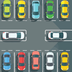 Top view parking lot cars parked illustration. Multiple vehicles colorful designs slots arranged. Cartoon style graphic parking area various automobiles