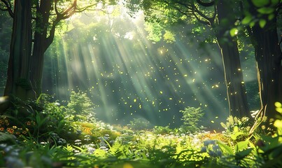 A dreamy forest glade, bathed in soft sunlight filtering through the canopy of leaves