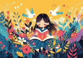 A little girl is reading in a colorful garden. She is sitting by plants and flowers. Birds are flying in the sky with a warm colored, dreamy atmosphere.