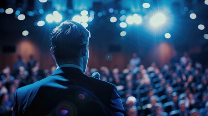 Backview of a Stylish Young Businessman in a Dark Crowded Auditorium at a Startup Summit, Young Man...