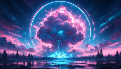 A mushroom cloud with bright neon colors and an explosion of pink and blue smoke. The background is a dark black, creating a dramatic contrast that highlights the colorful cloud. 