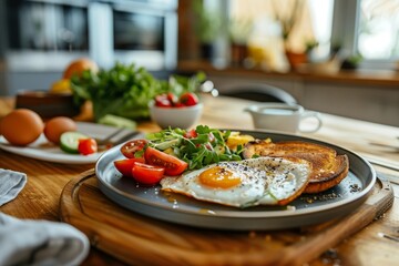 image of a healthy breakfast spread featuring freshly prepared eggs,bacon,toast,and an assortment of fresh vegetables on a wooden table with smart - Powered by Adobe