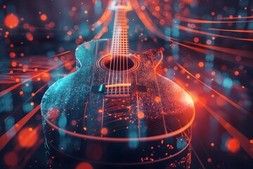 An acoustic guitar with digital enhancements, showing glowing strings and a shimmering body in a futuristic setting