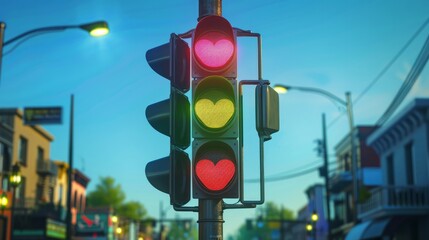 full animated traffic light with hearts inside the circles background of clear day sky and long street, love themed full view