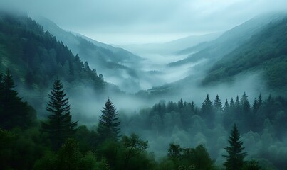 A misty mountain morning, with valleys below obscured by a blanket of fog