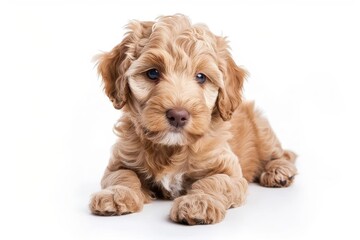 adorable labradoodle puppy poses for portrait on pure white studio background