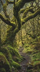 Fototapeta premium Mossy Tree in Secluded Woodland Grove with Untouched Cinematic Photography