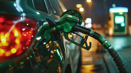 Close up green biofuel gas pump fueling car