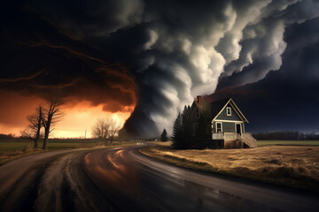 Tornado in a field in the USA with wooden house and road under stormy dark sky