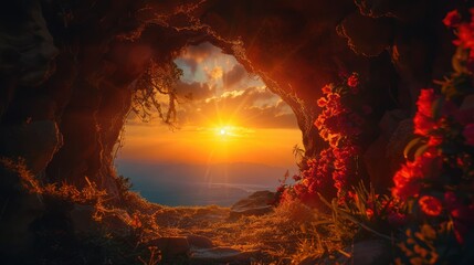 Resurrection at Sunrise: Illuminated Entrance to Empty Tomb, Symbolizing Hope and Renewal through...