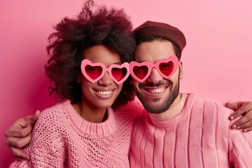 affectionate couple wearing heartshaped glasses celebrating valentines day with love and joy romantic holiday portrait