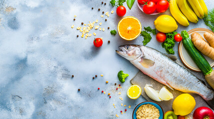 Fresh and Healthy Meal Preparation, A Variety of Whole Foods Including Fish  Fruits  and Vegetables on a Marble Background