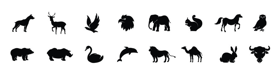 Wild animals black silhouettes set with lion elephant swan squirrel and camel vector isolated illustration