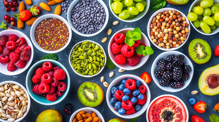 Vibrant Assortment of Superfoods, Colorful Bowls of Fresh Fruits, Berries, and Seeds on a Dark Background
