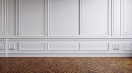 White classic wall background, brown parquet floor. Generative Ai