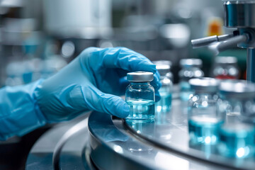 A hand wearing blue gloves inspects medical vials on a production line in a modern factory for developing and making products.