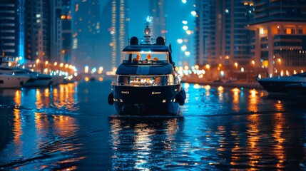Night Dubai. A black, stylish yacht sails along the Dubai Marina canal. Noisy party on the yacht