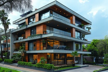 Fototapeta premium Modern apartment building exterior with glass balconies an large windows with decorative elements.