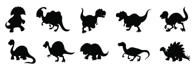 Set of dinosaur cartoon character silhouette.