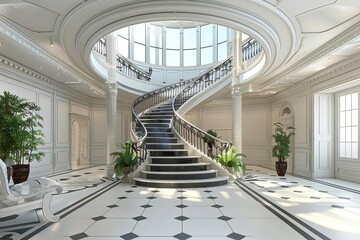 art nouveau style atrium interior with spiral staircase elegant architectural design 3d illustration