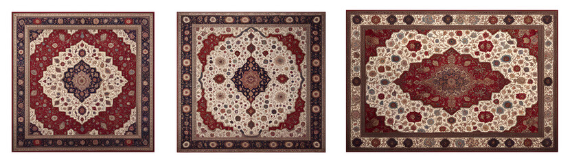 Conjunto de Tapetes persa, estampas de tapete indiano vermelho isolado em fundo transparente 
