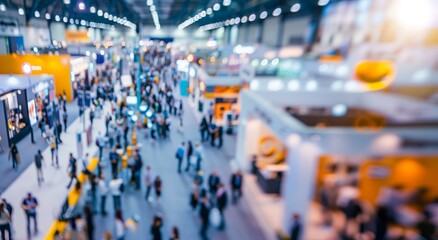 Exhibition expo event trade fair hall with busy bustling people walking to conferences  in a modern hall crowded  business people with a bokeh effect. Generative AI