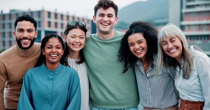 Teamwork, happy and face of business people in city for collaboration, support and about us in town. Startup company, diversity and portrait of men and women for team building, solidarity and success