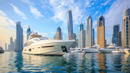 View on Dubai Marina skyscrapers and the most luxury super yacht marina, Dubai, United Arab Emirates