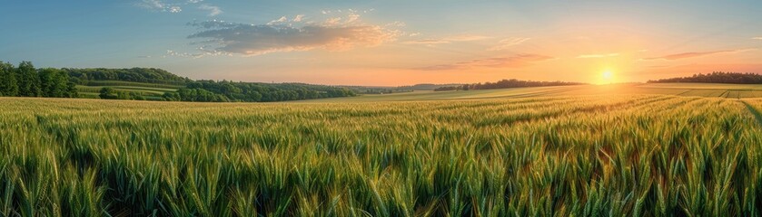 The setting sun casts long shadows over a lush green field of wheat, creating a serene and picturesque scene