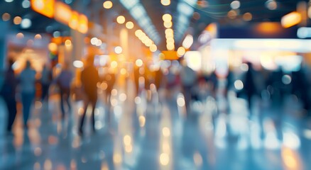 Exhibition expo event trade fair hall with busy bustling people walking to conferences  in a modern hall crowded  business people with a bokeh effect. Generative AI