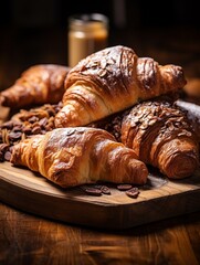 Fototapeta premium Delicious freshly baked croissants on wooden board