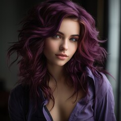 Naklejka premium Striking portrait of a woman with vibrant purple hair