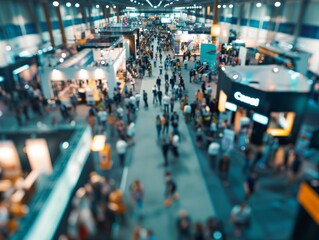 Exhibition expo event trade fair hall with busy bustling people walking to conferences  in a modern hall crowded  business people with a bokeh effect. Generative AI