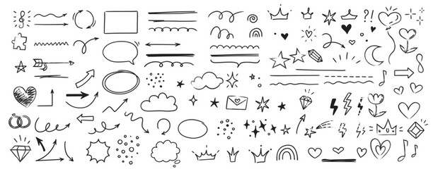 Sketch line arrow element, star, heart shape on chalkboard background. Hand drawn doodle sketch style circle, cloud speech bubble grunge element. Arrow, star, heart decoration. Vector illustration.