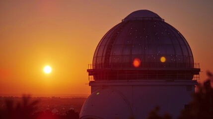 Obraz premium A sunset view of the observatory the warm orange and pink hues of the sky reflecting off its metallic surfaces.