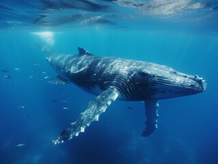 Naklejka premium Majestic humpback whale swimming in deep blue ocean