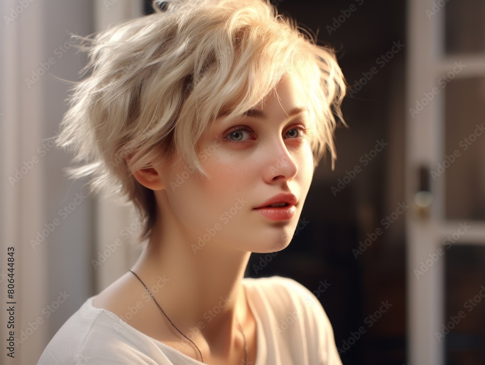 Poster close-up portrait of a young woman with short blonde hair