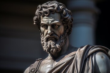 Dramatic stone sculpture of an ancient philosopher