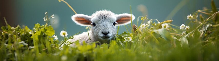 Adorable lamb in a field of flowers