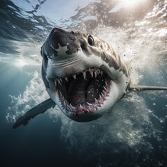 Ferocious great white shark with open jaws underwater