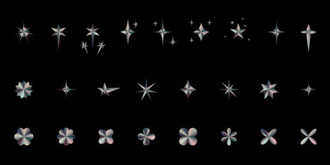 Brutalist Chrome y2k abstract geometric shapes. Various isolated vector figures on a black background