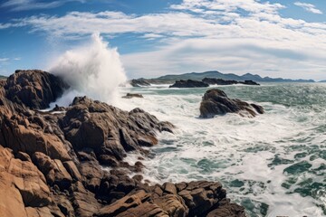 Obraz premium Dramatic ocean waves crashing against rocky coastline