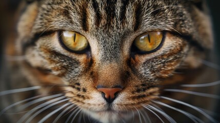 closeup of tabby cat face. fauna background