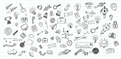 Hand draw technology sketch icon doodle set design. doodle art business hand drawn vector simple. with flowchart, statistic and element component business.	
