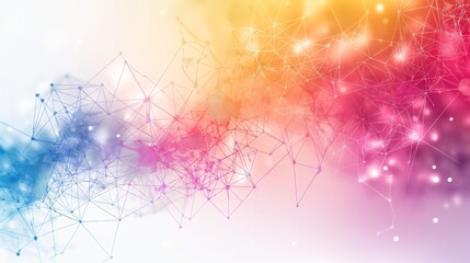 An abstract and colorful polygonal backdrop embodies the essence of neural network, AI, and technology on a white background.