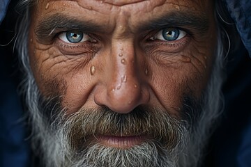 Weathered face of an elderly man with piercing blue eyes