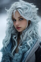 Fototapeta premium Stunning winter portrait of a woman with flowing silver hair