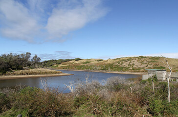Swan Lake surrounded by bushes, grasses and a bird hide on Phillip Island, Victoria, Australia