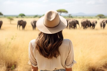 woman observing elephants in the african savanna
