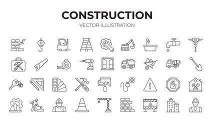 Construction editable stroke outline icons set. Construction, renovation architecture, engineer, building, blueprint and home repair tools. Vector illustration.